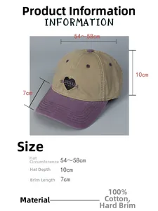 Detailed view of washed cotton baseball cap with heart embroidery and size dimensions
