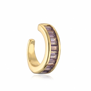 18K gold plated ear cuff featuring rectangular purple zircon stones on a white background