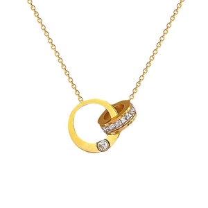 Minimalist double ring pendant necklace in gold stainless steel with sparkling clear crystals