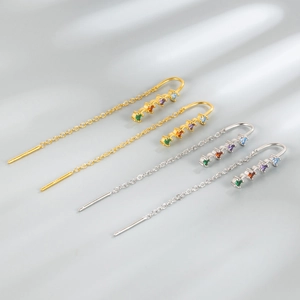 Boucles d'oreilles pendantes en argent S925 avec zircons colorés et pompon long
