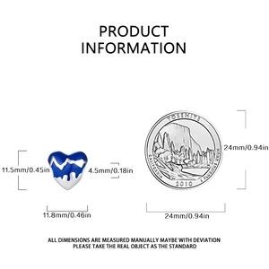 Blue heart travel charm dimensions 11.5x11.8mm shown with a 24mm reference coin