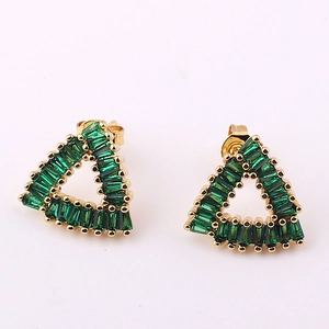 Triangle gold stud earrings with emerald green rectangular micro-pave zircons