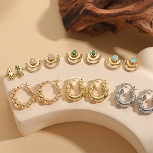 French style 14K gold plated earring set with zircon evil eye and bamboo hoop designs