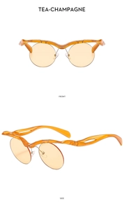 Front and side view of cat-eye round sunglasses with tea champagne acetate frame