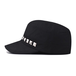 Side view of black cotton cadet cap featuring silver square metal rivets and military style