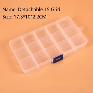 Detailed view of 15-grid clear plastic storage box with blue buckles and 17.3cm dimensions