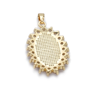Detailed back view of a 14K gold plated oval pendant with delicate lace edges and mesh texture