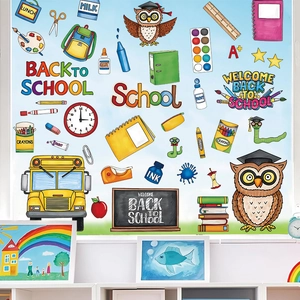 Vibrant Back to School classroom wall stickers featuring school bus and stationery themes