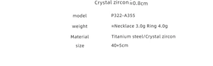 Detailed specification sheet for Pharaoh gold jewelry set with zircon dimensions and weight