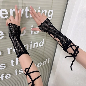 Manchettes En Dentelle Gants Longs Sans Doigts Avec Laçage Noeud Y2K Lolita Goth Protection Solaire Femmes