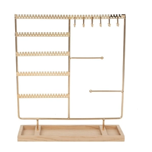 Gold metal jewelry display stand with wooden base for earrings, necklaces and rings