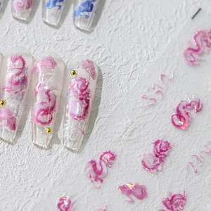 5D dragon nail stickers with holographic pink and purple effect for manicures