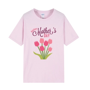Pink Mother's Day T-shirt with Happy Mother's Day typography and red tulip print