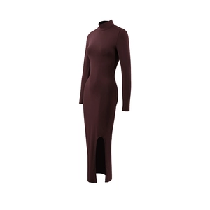 Detail of high neck long sleeve dress with slim fit hip wrap and side split design