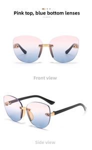 Detail of rimless sunglasses with pink-blue gradient lenses and gold metal hinges