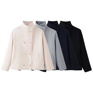 Women's double-breasted wool blend short coats in pink, gray, navy, and black colors