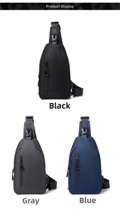 Nylon sling bags shown in black, gray, and blue colors with front zipper compartments