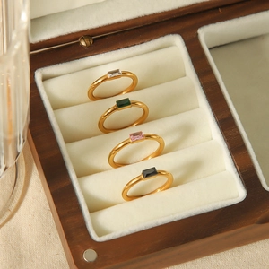 Set of four 18K gold plated stainless steel rings with colorful rectangular zircon stones