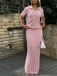 Women Knit Polo Top And Maxi Skirt Crochet Hollow Out Jacquard Casual French Style Vacation Outfit