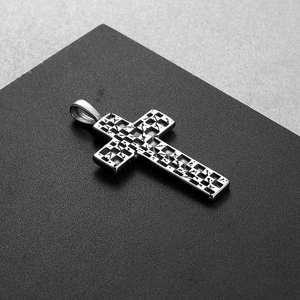Punk style stainless steel cross pendant with checkered texture and silver finish for men