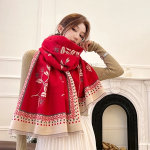 Winter floral embroidered cashmere-like scarf with warm red knit and soft tassels