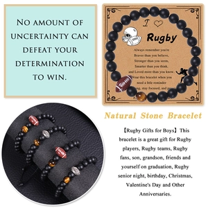 Rugby natural stone bracelets featuring matte beads and tiger eye on a gift card