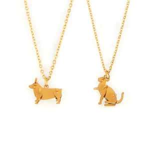 Minimalist gold titanium steel necklace featuring Corgi and cat silhouette pendants
