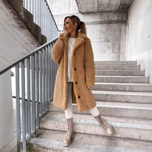 Women's warm teddy fleece long coat with lapel and black buttons in tan brown color