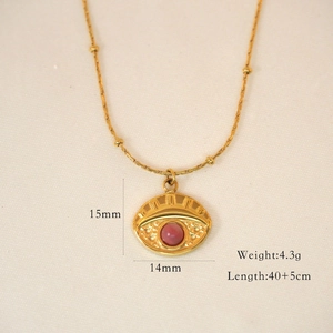 Detail view showing 15mm evil eye pendant dimensions and 40+5cm chain length on beige fabric