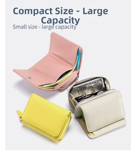 Three-fold leather mini wallet showing coin pocket, card slots and large capacity
