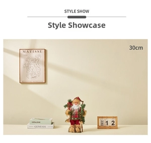 Detail of 30cm Santa Claus figurine in red plaid outfit with pine branch and berries
