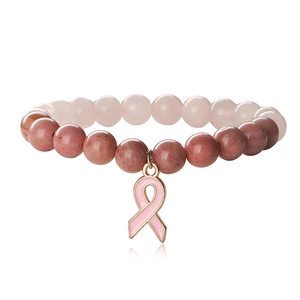 Pink agate cat eye stone bead bracelet with a pink enamel ribbon heart charm for women