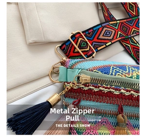 Detailed macro view of the metal zipper head and colorful woven lace fabric with blue tassel