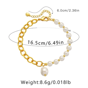 Detailed view of pearl and gold chain bracelet with exact size and weight specifications