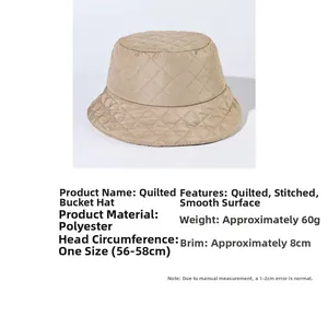 Quilted khaki bucket hat details showing polyester material and dimensions of 56-58cm