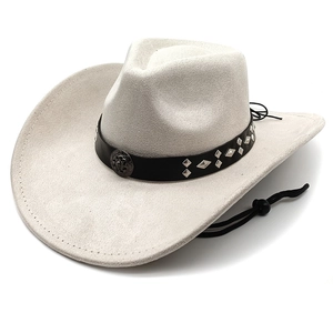 Close-up of ivory western cowboy hat with studded leather band and adjustable chin strap