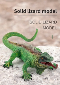 Detailed view of a green iguana model with realistic scales and red tongue on rock