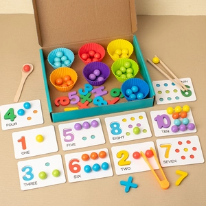 Montessori wooden math toy set with colorful beads, silicone cups, and counting number cards