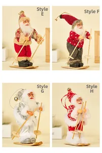 Detail view of four styles of plush Santa Claus figurines on wooden skis with bells