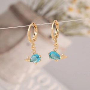 Golden whale tail drop earrings with blue crystal and zircon stones for women