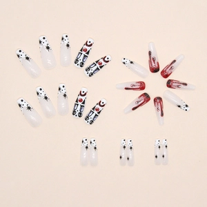 Halloween long ballet press-on nails featuring blood drip and clown totem designs