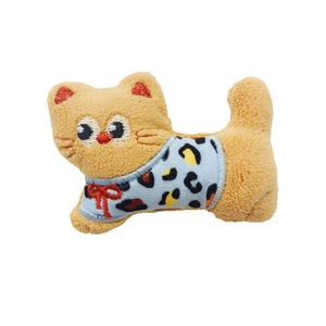 Plush yellow cat doll with blue leopard print vest, cute animal brooch accessory