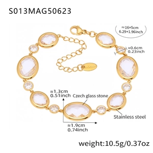 Detail view of 18k gold plated anklet with dimensions and Czech glass stones on white background