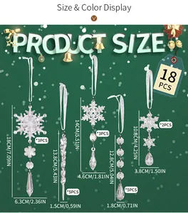 Detailed size chart for 18 pieces acrylic Christmas snowflake and icicle hanging ornaments