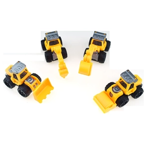 Top view of four yellow DIY assembly construction toy trucks including an excavator and roller