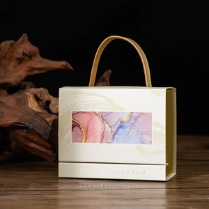 Elegant marble pattern wedding candy gift box with premium leather handle in beige and purple