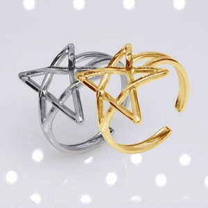 Close-up of adjustable stainless steel rings featuring hollow star designs in gold and silver