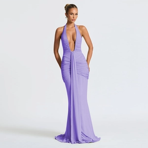Detail of elegant purple halter neck maxi dress with deep V-neck and draped fishtail hem