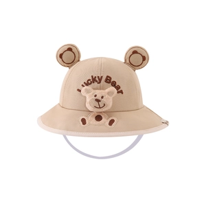 Beige baby sun hat with cute 3D bear ears and Lucky Bear embroidery for toddlers