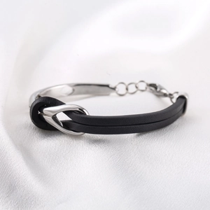 Men's titanium steel bracelet with black PU leather infinite knot and geometric clasp